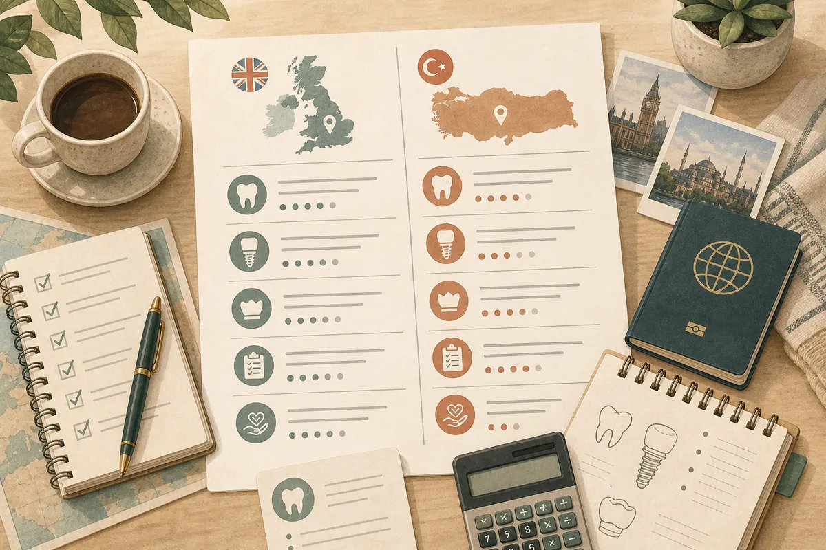Illustration of comparing dental treatment costs between the UK and Turkey.
