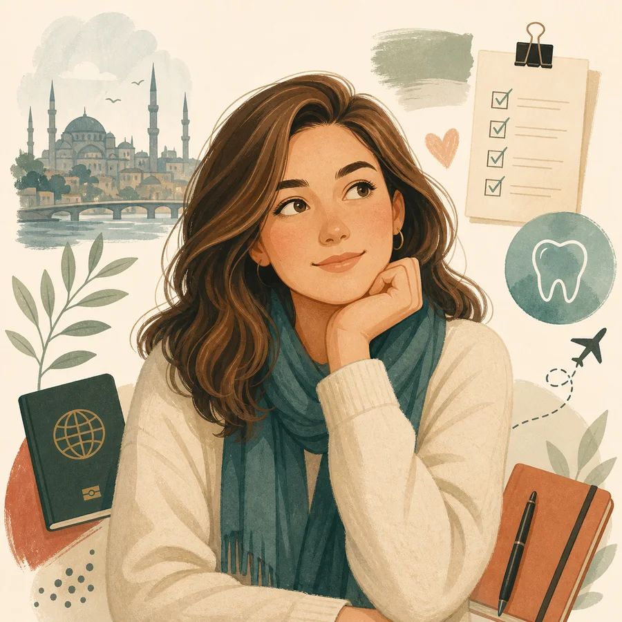 Abstract illustration representing Sarah as a fictional dental tourism patient persona.