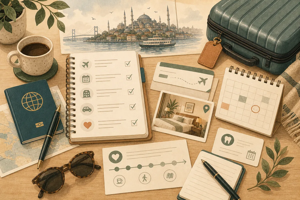 Illustration of travel planning for dental treatment in Turkey.