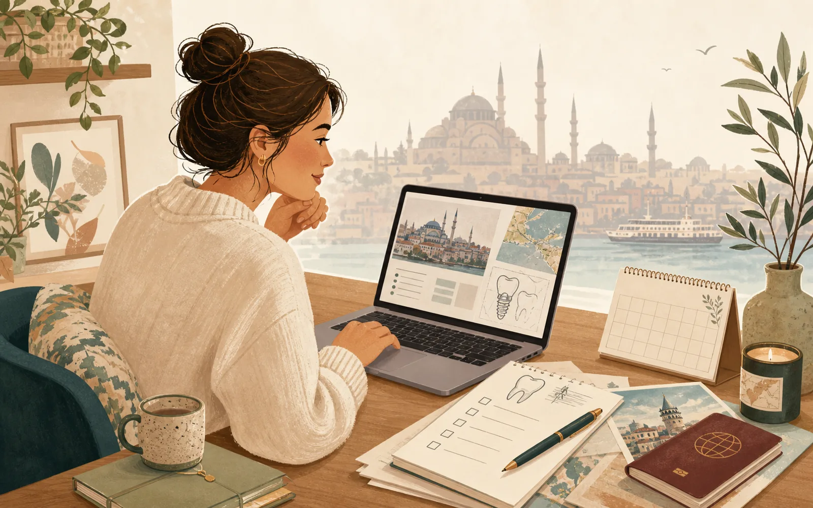 Illustration of a fictional patient researching dental treatment in Turkey on a laptop.